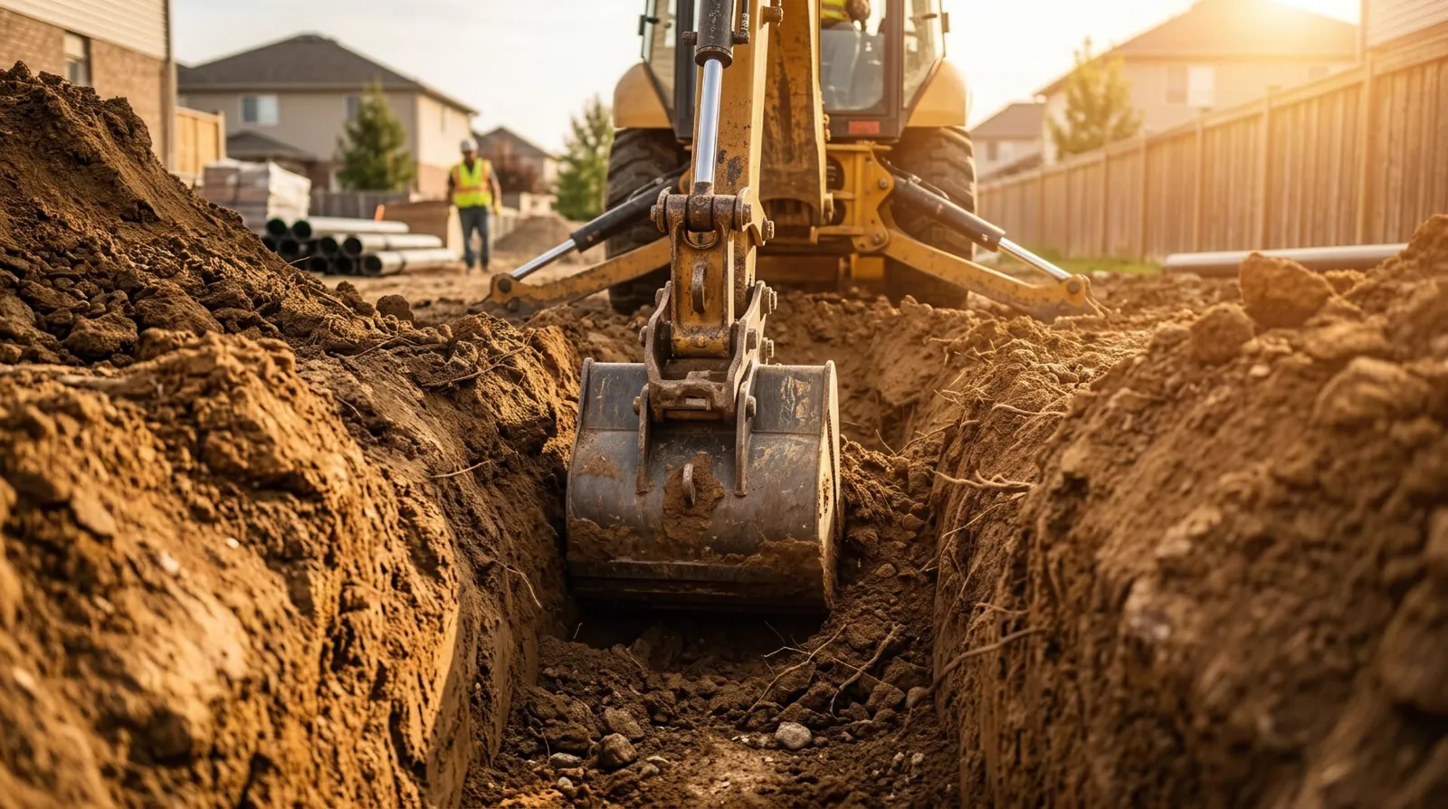 Septic system installation with a backhoe digging a trench in a residential yard in Phoenix, AZ