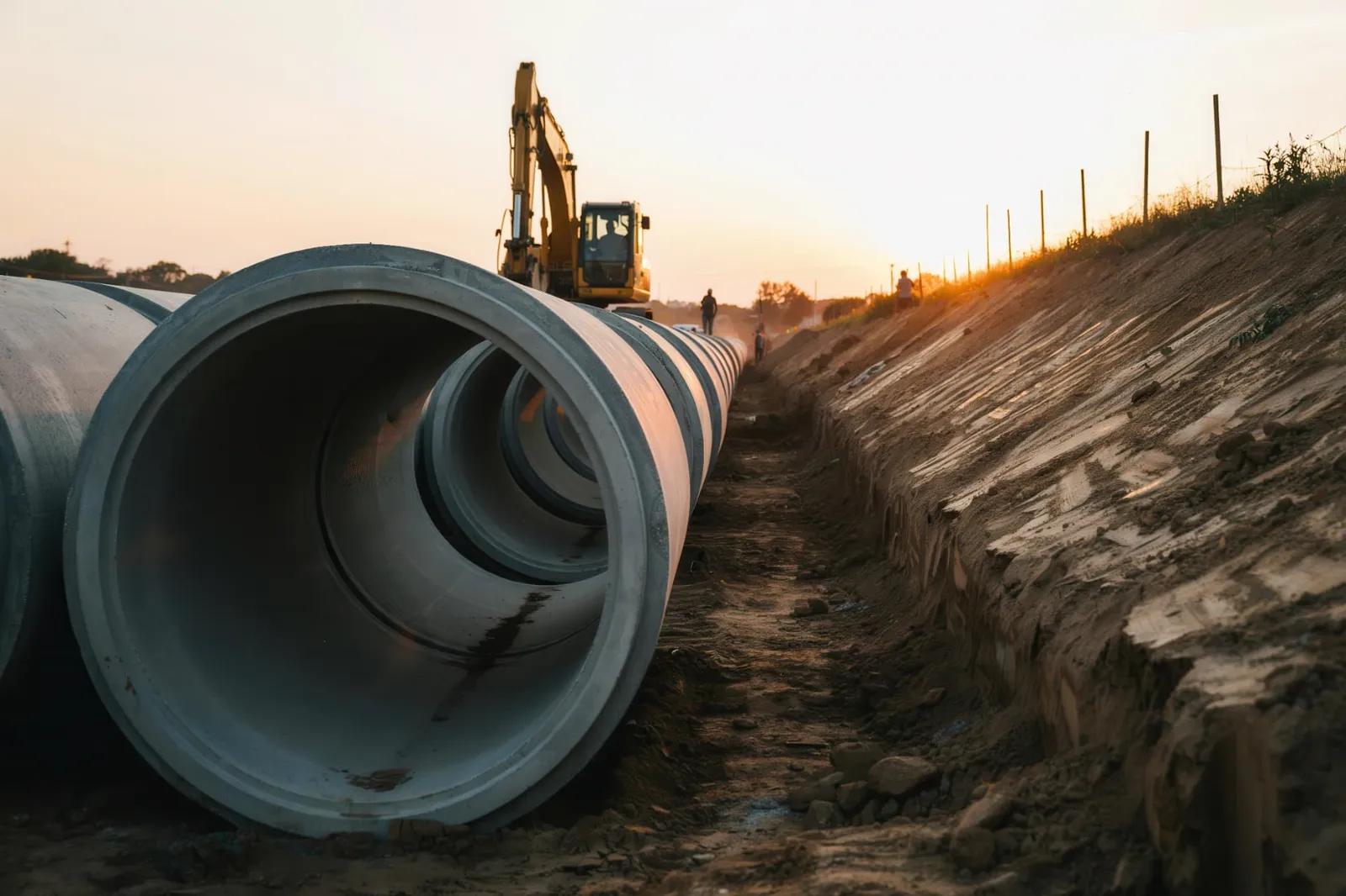 Utility trenching in Phoenix, AZ with large diameter pipe staged along an open trench