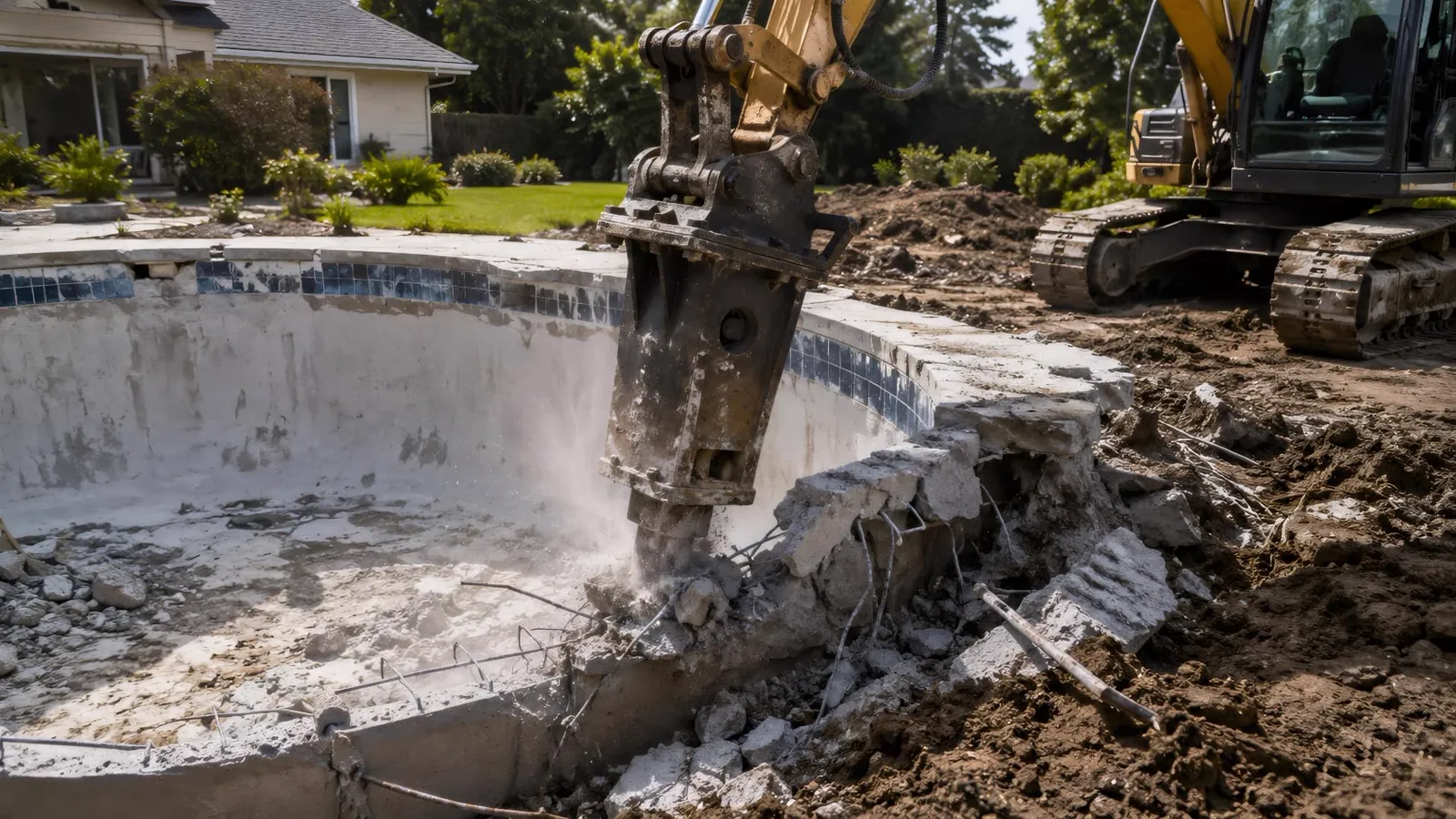Pool demolition in Phoenix, AZ with an excavator hammer breaking apart a concrete pool shell